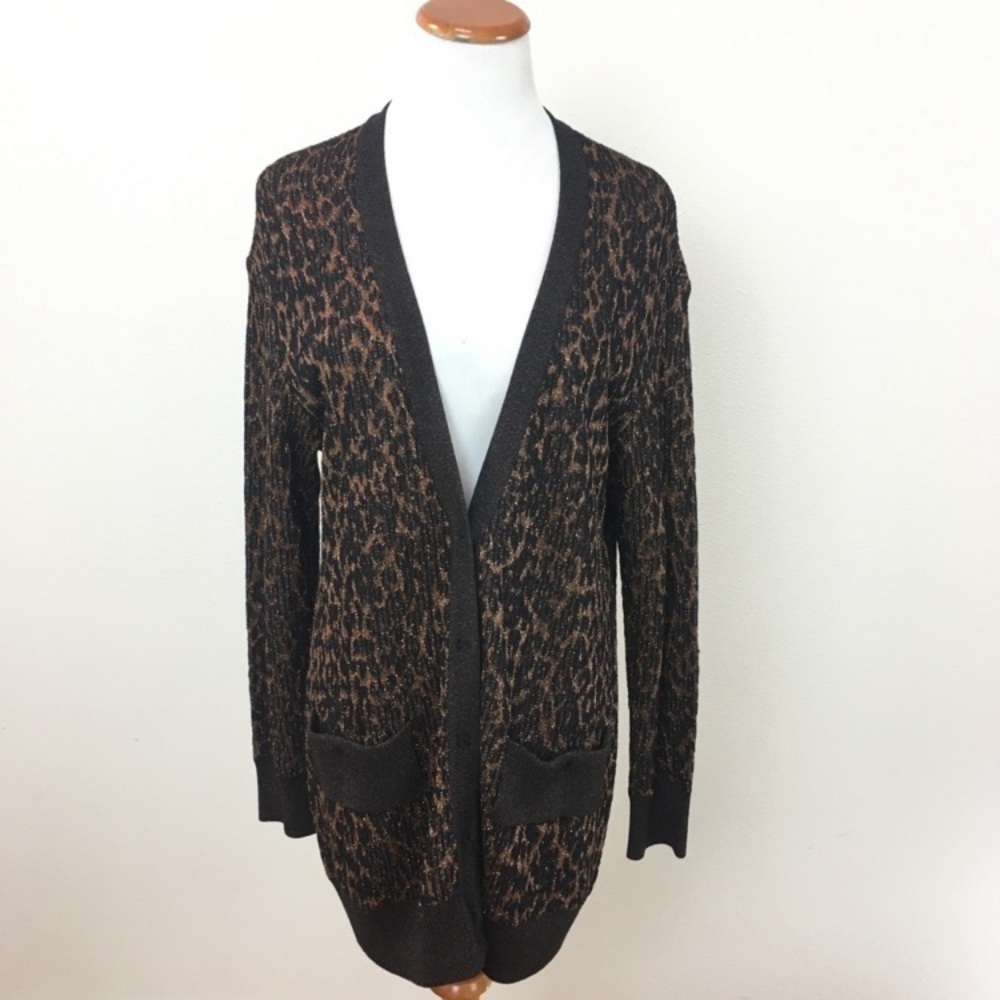 St. John Animal Print Metallic Long Oversize‎ Cardigan Sweater Women’s Sz Small